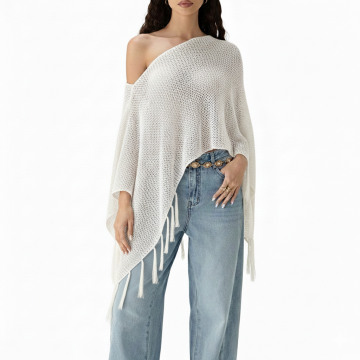 Nova Drift Off-Shoulder Tassel Knit Top