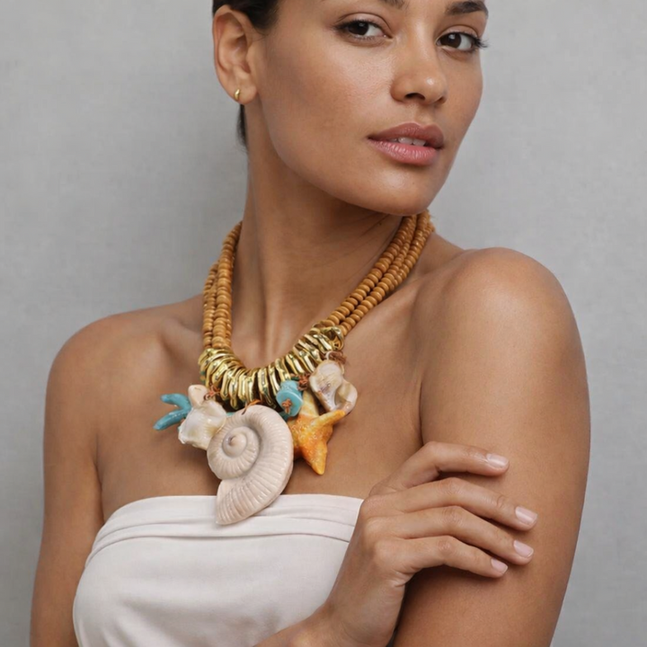 Solara beaded statement necklace, bold beaded jewelry piece for beach, summer, and resort styling
