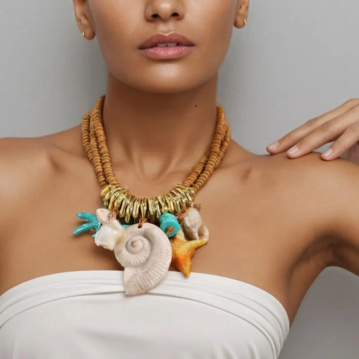 Solara beaded statement necklace, bold beaded jewelry piece for beach, summer, and resort styling