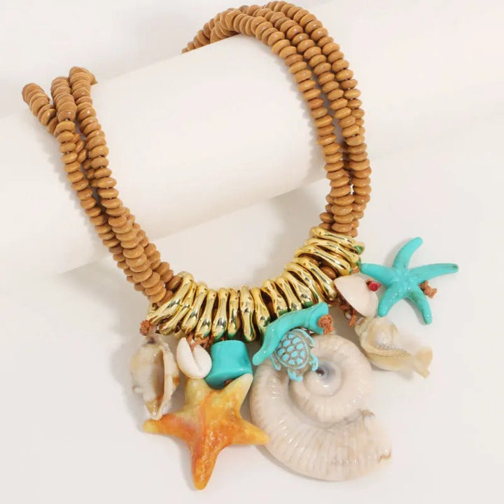 Solara beaded statement necklace, bold beaded jewelry piece for beach, summer, and resort styling