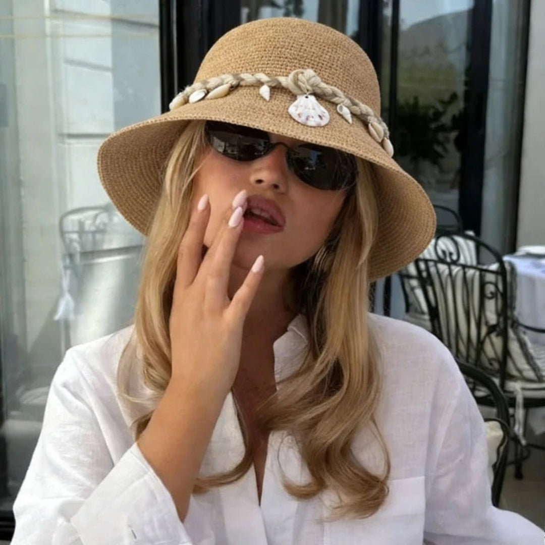 Solea shell raffia bucket hat, lightweight summer hat with shell detail for beach and vacation styling