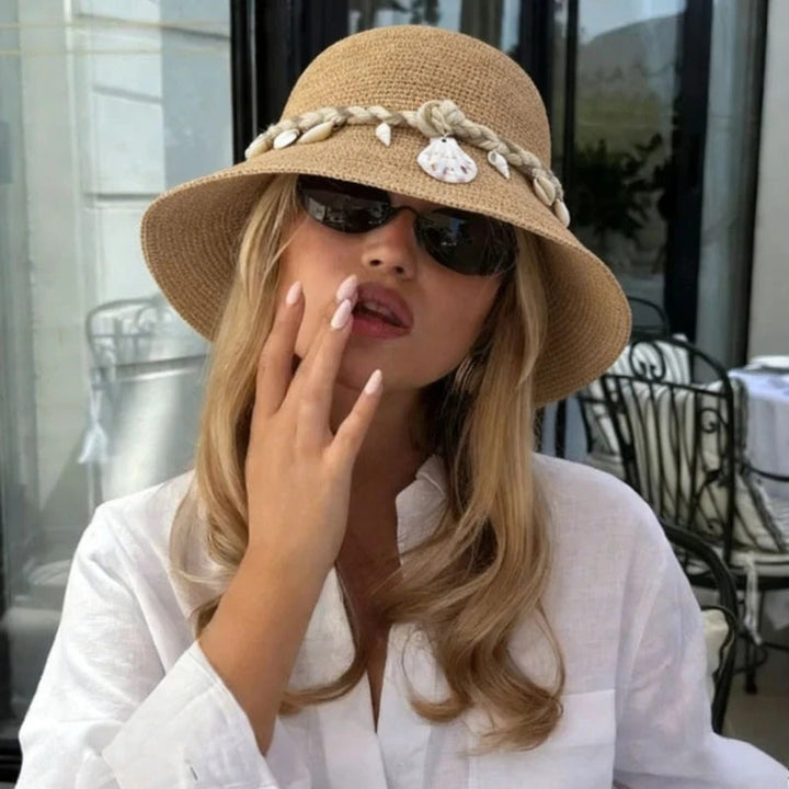 Solea shell raffia bucket hat, lightweight summer hat with shell detail for beach and vacation styling