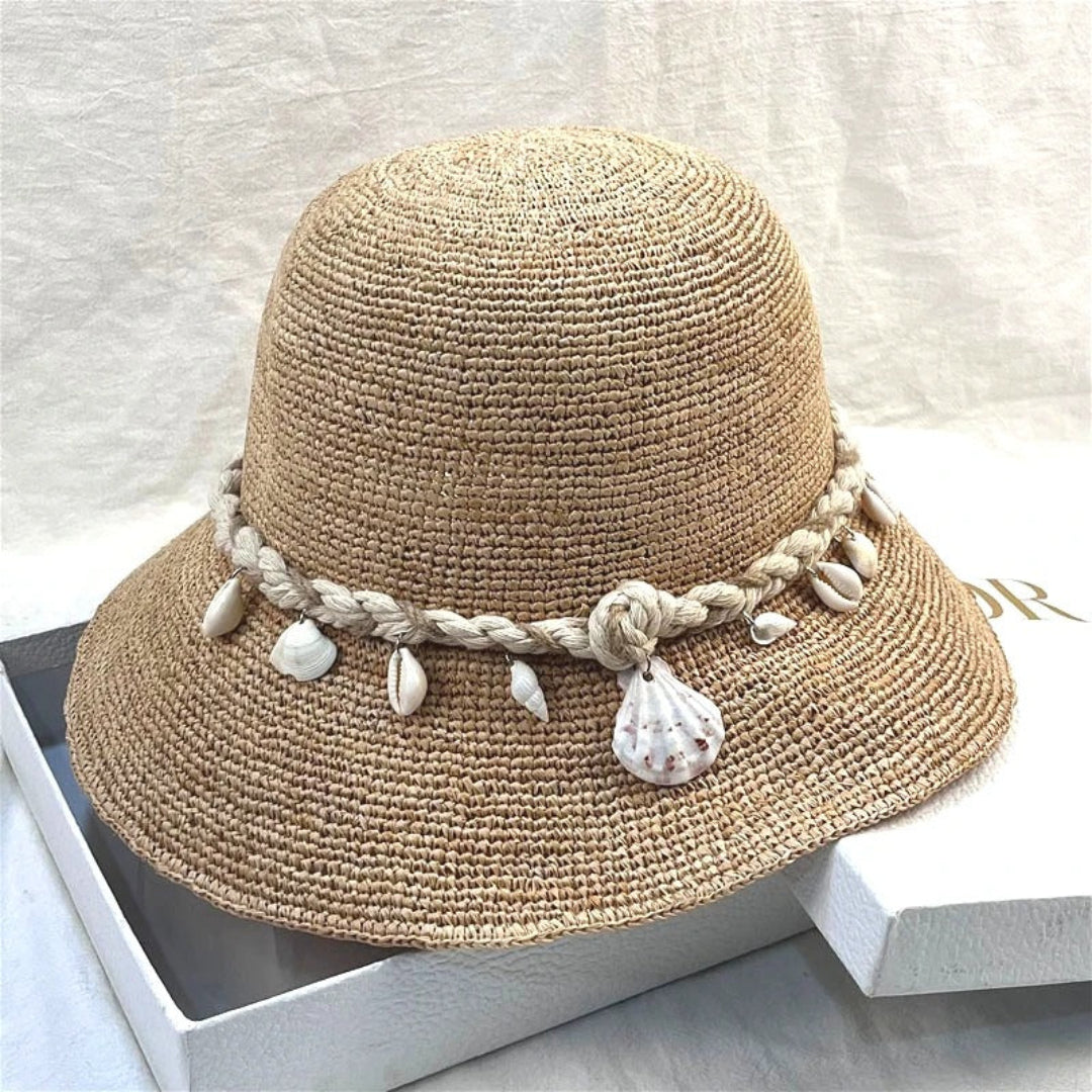 Solea shell raffia bucket hat, lightweight summer hat with shell detail for beach and vacation styling