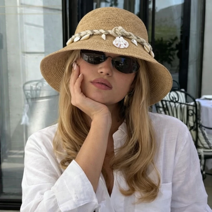 Solea shell raffia bucket hat, lightweight summer hat with shell detail for beach and vacation styling