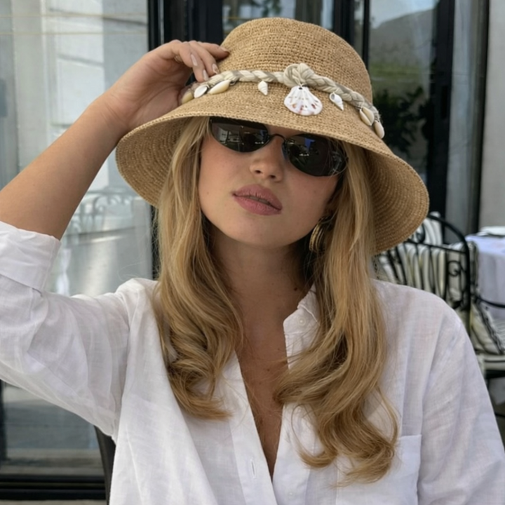 Solea shell raffia bucket hat, lightweight summer hat with shell detail for beach and vacation styling