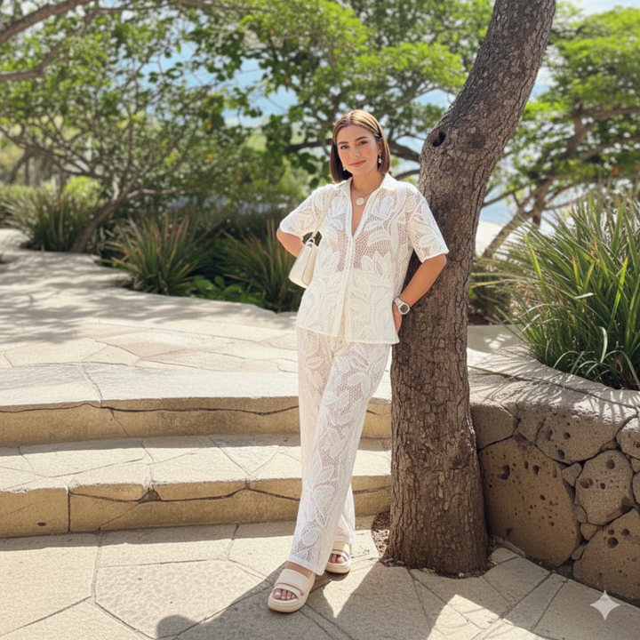 Sunkissed summer casual matching set for women, relaxed coordinated two-piece outfit for effortless beach styling