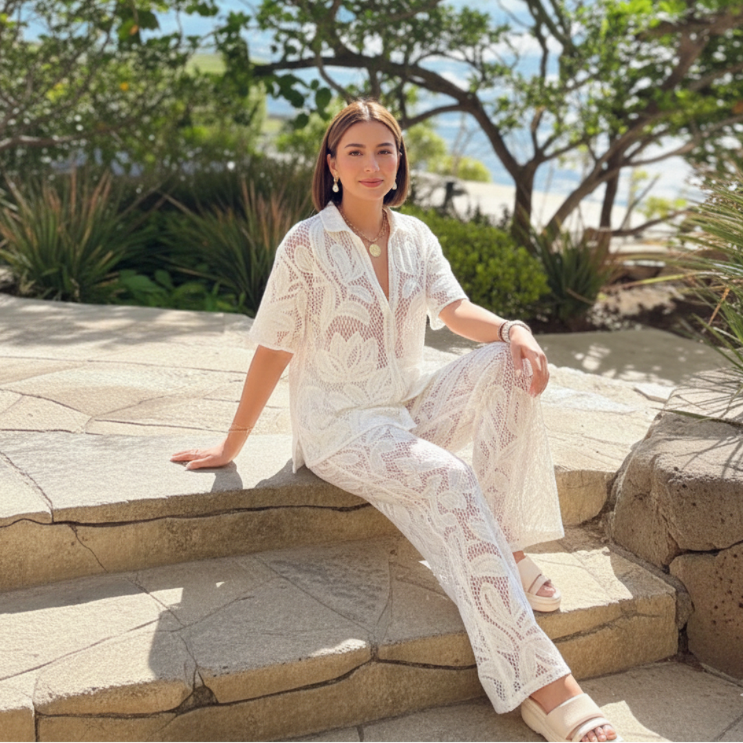 Sunkissed summer casual matching set for women, relaxed coordinated two-piece outfit for effortless beach styling