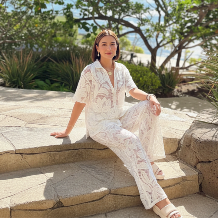 Sunkissed summer casual matching set for women, relaxed coordinated two-piece outfit for effortless beach styling