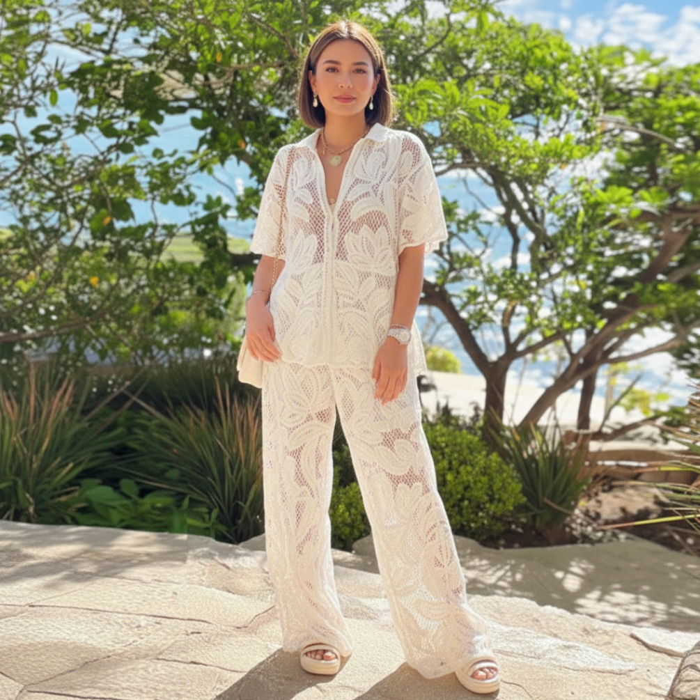 Sunkissed summer casual matching set for women, relaxed coordinated two-piece outfit for effortless beach styling