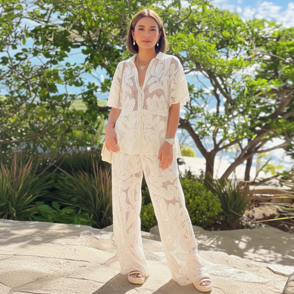 Sunkissed summer casual matching set for women, relaxed coordinated two-piece outfit for effortless beach styling