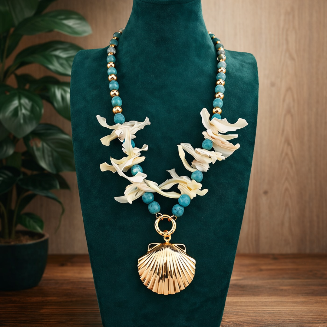 Thalassa star shell necklace, coastal-inspired shell jewelry for beach and summer fashion styling