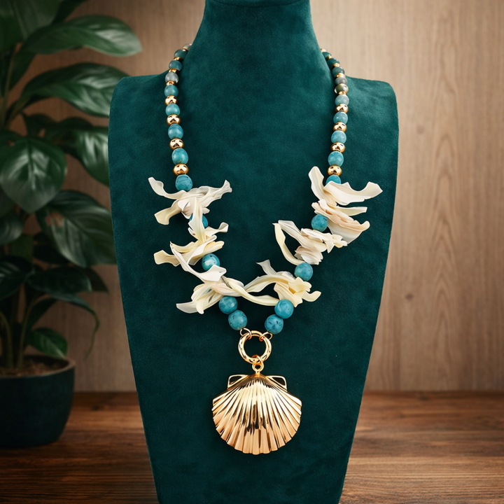 Thalassa star shell necklace, coastal-inspired shell jewelry for beach and summer fashion styling
