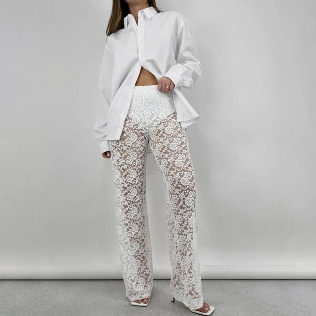 Transparent lace straight-leg trousers for women, sheer elegant lace pants with tailored fit, sophisticated evening fashion piece