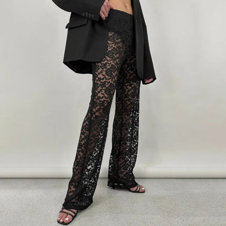 Transparent lace straight-leg trousers for women, sheer elegant lace pants with tailored fit, sophisticated evening fashion piece