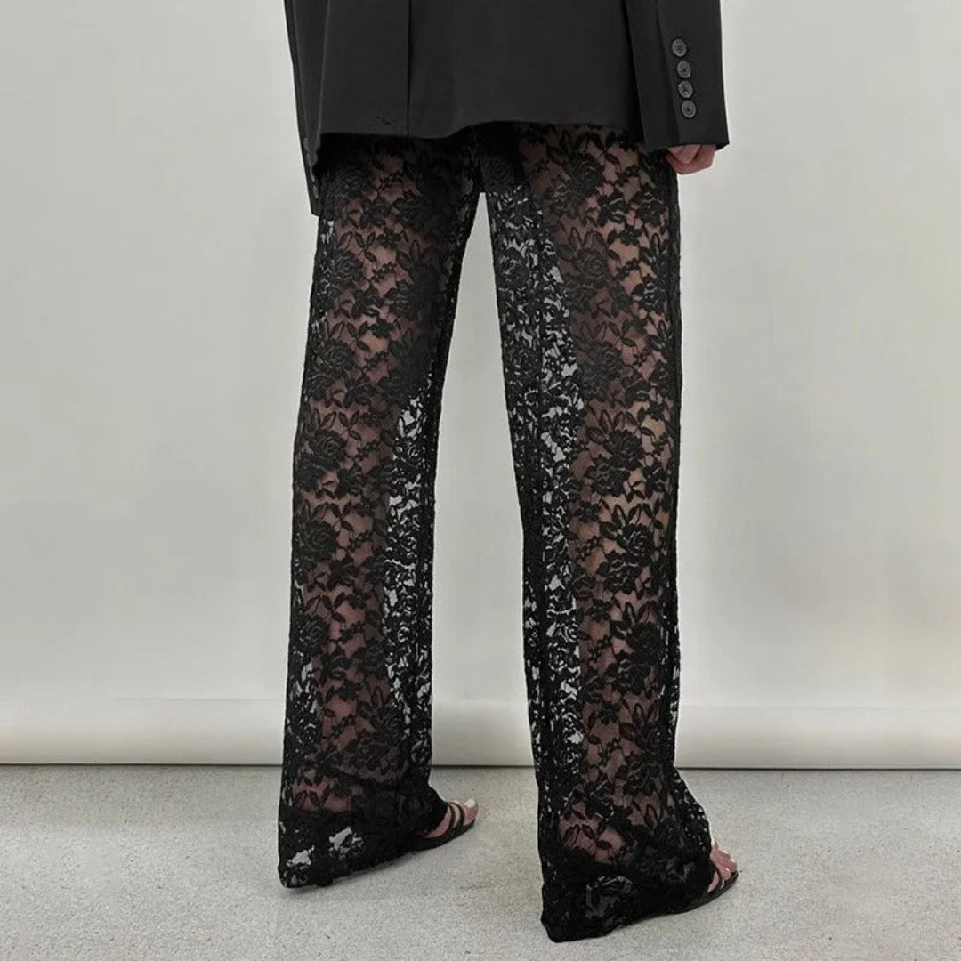 Transparent lace straight-leg trousers for women, sheer elegant lace pants with tailored fit, sophisticated evening fashion piece
